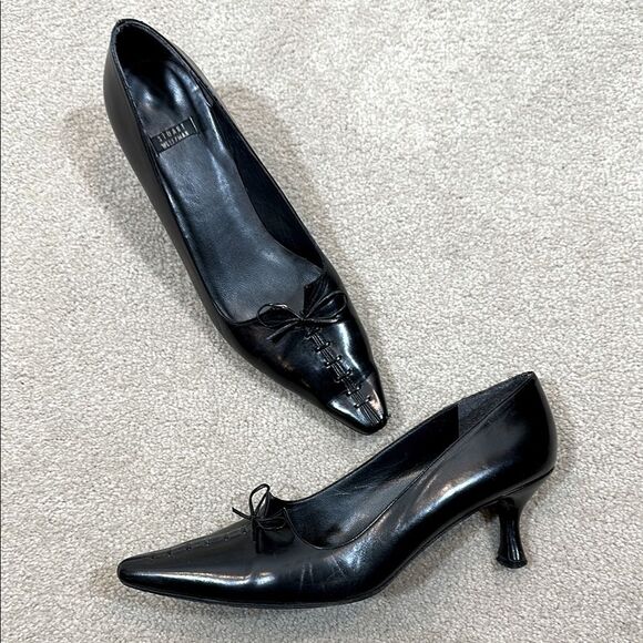 Stuart Weitzman Black Leather Kitten Heel Bow Vintage Pointed Toe Women 8.5B - Picture 1 of 12